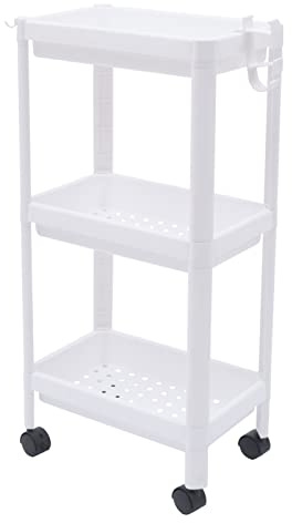 Queeucaer 3 Etagen Standregal, Badregal stehend Küchenregal Schmaler Aufbewahrungswagen mobiles Regal Organize ausziehbar Aufbewahrungsregal PP Plastik Weiß Freistehend klein mit Räder,Weiß