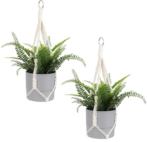 Makramee Blumenampel, 2 Stück Boho Hänge Körbe Für Zimmer Pflanzen Dekorative Geflochtene Baumwolle Seil Blumentopf Halter Mit Metall Haken Ringe Für Outdoor-Heim Dekoration, Keine Quasten 20 Zoll