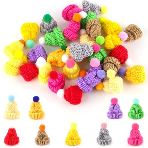 Ezydka Mini Hüte Strickmützen 40 Stück Gestrickt Mini Hut Mini Wollmütze Glückswürmchen Sorgenwürmchen Hut, Mini Mützen für DIY Basteln Zubehör Weihnachten Handwerk