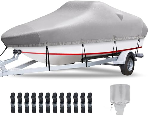 Plscoverit Boat Covers 17-19ft, Heavy Duty 1200D Oxford Waterproof Trailerable Boat Cover, UV Resistant Bass Boat Covers with Motor Cover, Fits V-Hull Tri-Hull Fish&Ski Boat, Runabout