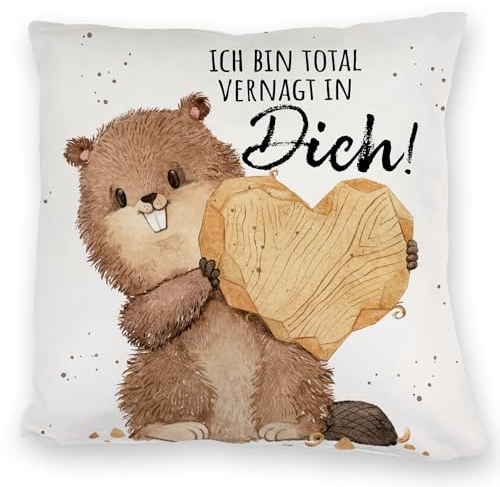 Biber Kuschelkissen mit Spruch Ich Bin total vernagt in Dich Liebevolle Partner-Romantik Valentinsgeschenk Nagetier Liebesbote zum Valentinstag