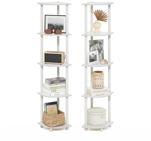 Furinno TURN-N-TUBE Corner Shelf Set of 2, 5-Tier Corner Bookshelf, Open Storage Shelves, for Organization and Storage, Living Room, Home Office, Garage, White