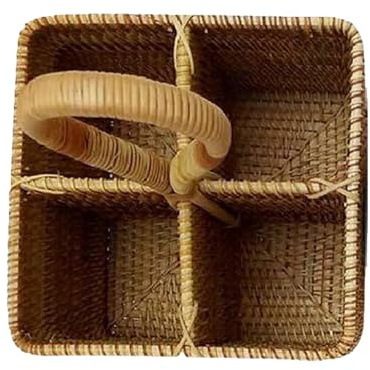 Cesta De Mimbre | Cesta De Picnic De Almacenamiento Tejida A Mano Natural 7x7in - Cesta De Mimbre De 4 Compartimentos con Asa Larga para Picnic, Botella, Cubiertos, Utensilios De Cocina