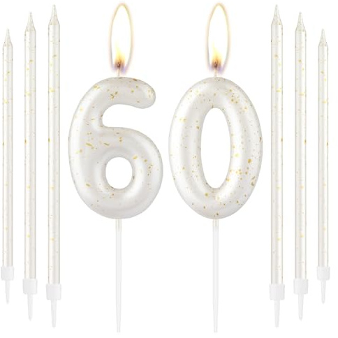 White Gold Happy 60th Birthday Candles, Number 60 Cake Topper for Women Men, Birthday Decorations, Wedding Anniversary Supplies