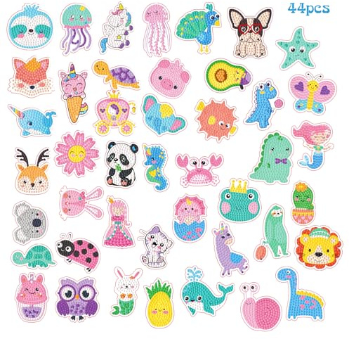 CAYUDEN Diamant-Sticker-Set, 44 Stück, Diamant-Malerei, 5D, Malset, Kinder, Mosaik, Diamant, selbstklebend, Diamantmalerei, Bastelset, Diamant-Stickerei, für Kinder Geburtstag