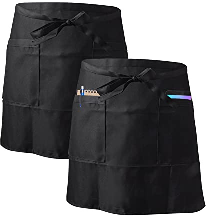 2-pack midjeförkläde, svart halvkort servitrisförkläde med 2 fickor, kvinnor män tyg serveringsförkläde, kockförkläden för hem, kök, matlagning, bakning, restaurangarbete