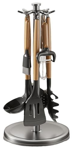 Generic Steel Kitchen Utensil Stand | Rotating Countertop Organizer with 8 Hooks | 21.5x21.5x44cm (8.46x8.46x17.32 inches) | Gray | Cookware Utensil Storage and Organization