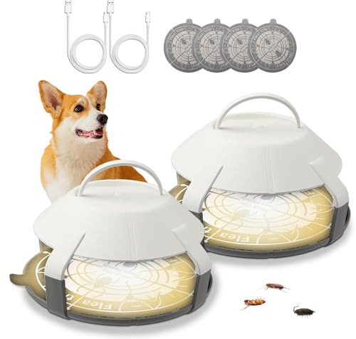 2 Stück Flohfalle für Wohnung, Elektrische Flohfalle Flohfalle Klebescheiben mit 4 Flohfalle Klebepapier, USB Aufladung Flohlichtfalle zur Flohbekämpfung, für Wohnzimmer Schlafzimmer Kinderzimmer