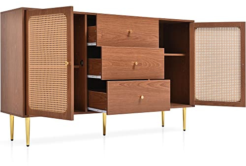 MSMOK Kommode mit 2 Türen und 3 Schubladen, Rattan Türkommoden mit Schubkasten, Verstellbare Ablage, für Wohnzimmer Schlafzimmer, Nussbaum-B150/T40/H90 cm (2 Türen und 3 Schubladen)