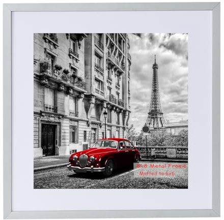 EVQUIT 8 x 8 Metal Picture Frame Aluminum Photo Frames with 6x6 Mat for Wall or Tabletop Display - Silver, Plastic Glass