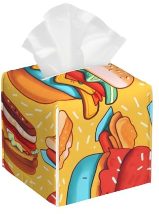 AYCZN Cute Hamburger Tissue Box Cover, AST Food Square Tissue Box Holder PU Leather Tissue Organizer Hand Towel Box Cover Kitchen Desktop Home Office Decorative