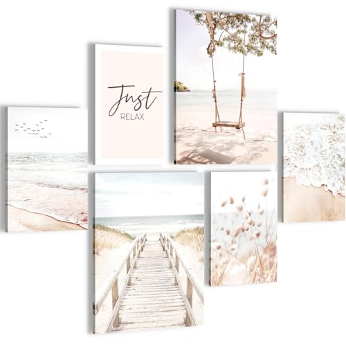 Novart Wandbilder Set Strand Meer Boho Beige - KEIN EXTRA RAHMEN BENÖTIGT - Modern Deko - Wohnzimmer Schlafzimmer Flur N038163a