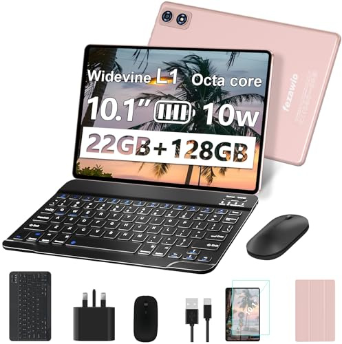 fezawio 2026 New 10 inch Android 14 Tablet|22GB RAM+128GB ROM|1TB Expandable|8000mAh|5G Wi-Fi|Widevine L1|Octa-Core|Keyboard-Mouse-Holster|Premium Entertainment & Light Office - Gold