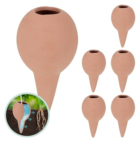 Relaxdays Sfere da Irrigazione a Goccia, Set da 6 Coni H x D: 11,5 x 6 cm, Irrigatore Automatico per Piante, Terracotta, Ceramica