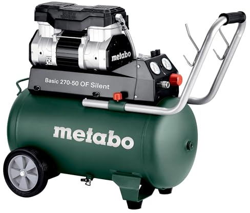 metabo Basic 270-50 OF Silent Kompressor, 50L Kessel, 10 bar, Ölfrei | Leiser Werkstatt-Kompressor, 61 dB, 130 l/min Füllleistung, 2-Zylinderaggregat, mit Schnellkupplung und VarioGrip-Zuggriff