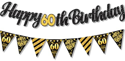 ParPix 2 Stk Girlande 60 Geburtstag Deko, Schwarz Gold Banner 60. Geburtstag Deko,Girlande Deko 60 Geburtstags Mann Frau, 60er Happy Birthday Girlande,Geburtstagsdeko 60 Jahre,60.ter Geburtstagsbanner