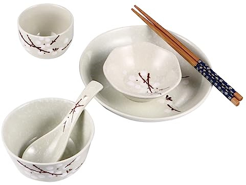 PartyKindom 1 Set Japanese Style Ceramic Tableware Dishware for Single Use and Safe Includes Bowl Plate Cup Spoon and Chopsticks Attractive Blossom Design