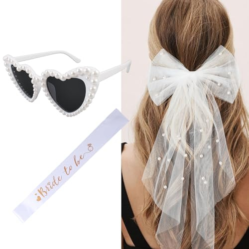 3 Stück JGA Braut Accessoires-Set: Bride To Be Schärpe, Schleier, Brille | Herz Sonnenbrille mit Perle, Jungesellinenabschied, Bachelorette Party, Brautparty und Hochzeitsfotografie