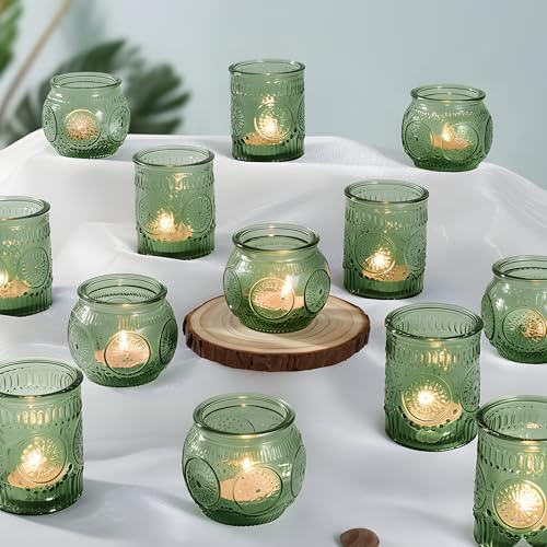 Ligtmor 24 Stück Grün Vintage-Kerzenhalter – Verschiedene Kerzenhalter Glas für Party- und Hochzeitsdekoration,12 Votivkerzen aus Glas 12 Votivkerzen in Schalenform Teelichthalter teelichtgläser