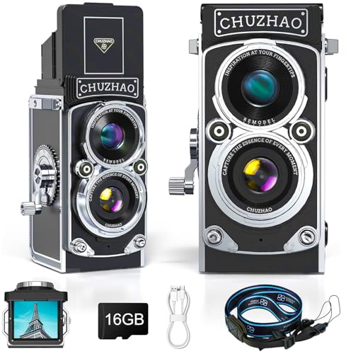 CHUZHAO Retro Digital Camera Mini, Portable TLR Style Vintage Camera, Classic Compact Small Pocket Cameras, 1080P FHD Video 12MP Autofocus Film Cameras with 16 GB Card for Photography Lovers