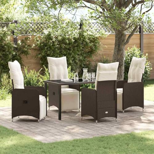 QJBSAVVA 5-Teiliges Rattan-Essgruppe Braun 140x70 cm Gartentisch mit neigbarer Rückenlehne und wetterfestem Poly-Rattan Modernes Balkonmöbelset für Garten Terrasse und kleine Balkone