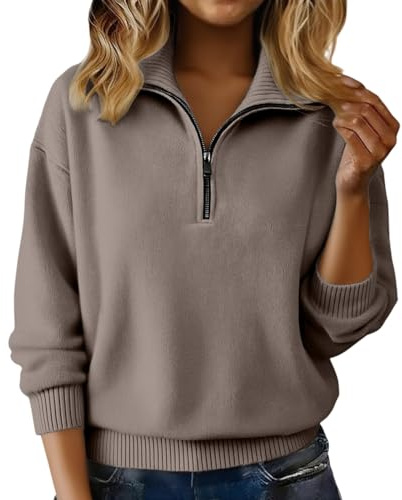 Jumpers for Women UK Quarter Zip Winter Jumper Oversized Warm Long Sleeve Pullover Sweaters Solid Color Casual Soft Jumper Khaki