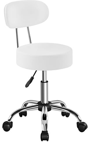 Soberine Sgabello con Ruote e Schienale, Sgabello da Ufficio a Rotelle Regolabile in Altezza 47-56,5 cm, Sedia Girevole da Trucco, Estetista, Salone, Studio (Bianco)