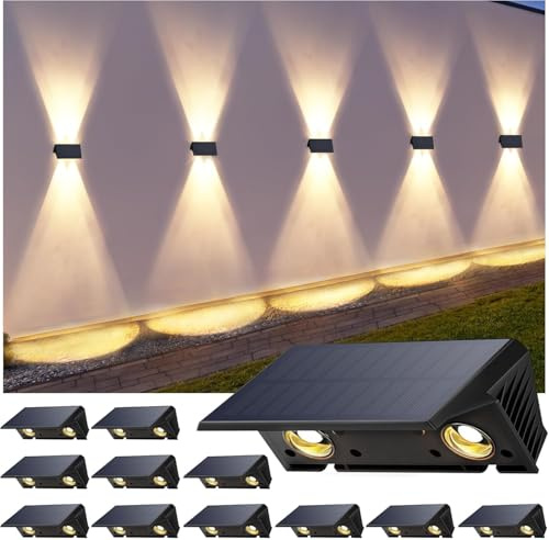 IIRARA Solar Fence Lights 12 Pack Warm White, Up & Down Outdoor Wall Lights for Garden Fence, Auto Dusk to Dawn & Waterproof, 1500 mAh, Long-Lasting Solar Powered Lighting for Patio, Pathway, Pool