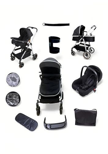 Parents & Peanuts 3 in 1 Baby Travel System Pram Pushchair with Infant Car Seat (Black Silver)