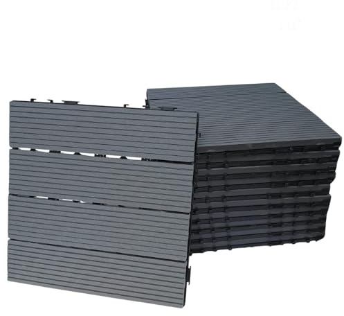 WPC Lot de 22 dalles d'extérieur pour sol drainant terrasse, balcon, jardin, piscine, effet bois antidérapant base en PVC (gris, 22 pièces)