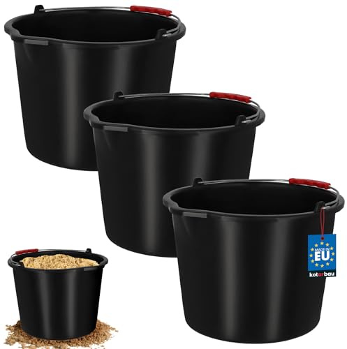 KOTARBAU Set of 3 construction buckets, 12 L, mortar bucket, plastic bucket, cleaning bucket with spout and handle, black, tool bucket, round, construction bucket