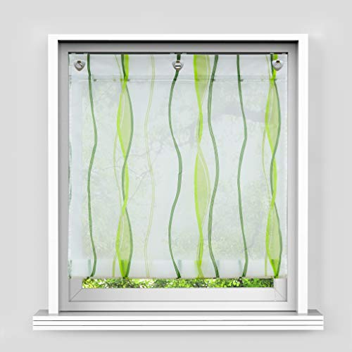 HongYa Raffrollo mit Wellen Druck Transparenter Voile Raffgardine Vorhang mit Hakenösen H/B 140/80 cm Creme Grün