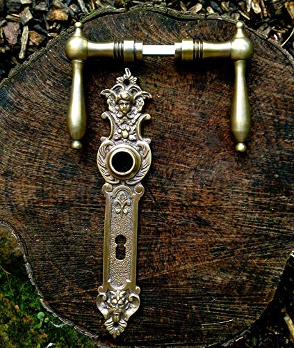Messing Türbeschlag wie antik, Türklinken mit Langschild Engel, Klinken-Garnitur