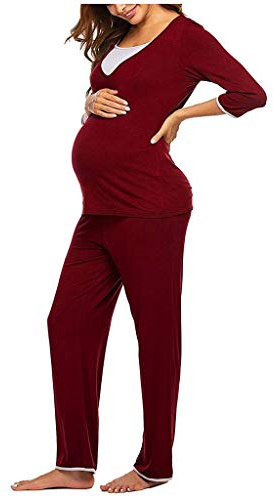 SUNNSEAN Pyjama Femme Enceinte d'Allaitement en Coton Deux Pièces, Vêtements De Nuit Manche Longue Col Rond Pour Grossesse, Toutes Saisons