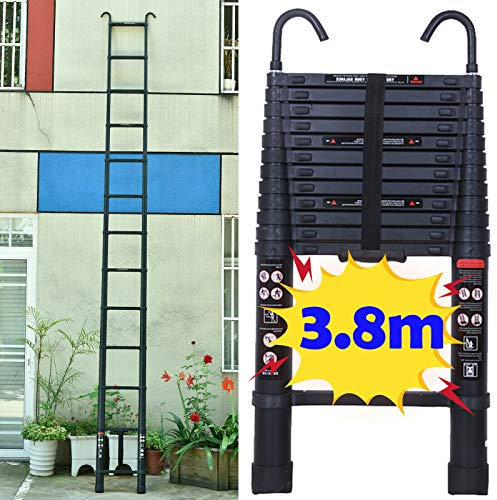 3.8M Extension Aluminium Telescoping Ladder with Hook 12.5ft Adjustable Height Multi Purpose Lightweight Portable Non Slip Extendable Ladder EN131 Approved