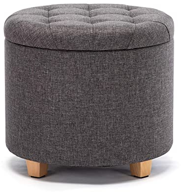 HNNHOME Aufbewahrungshocker rund gepolstert Leinen mit abnehmbarem Sitz zur Aufbewahrung Ø 45 cm Anthrazit Grau
