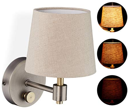 Relaxdays Wandlampe Vintage, dimmbar, Wandstrahler mit Schalter, Stoffschirm, E14, HxBxT: 23 x 15 x 21 cm, beige/silber