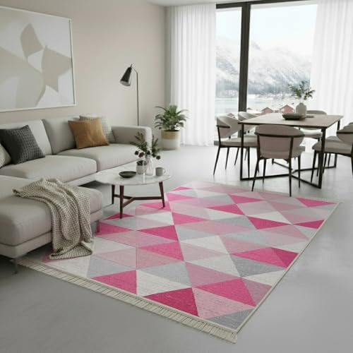 Fashion4Home Matta med kort lugg – boho kelim-matta, vardagsrumsmatta, sovrum och köksmatta, matta, löpare, hallmatta, barnrumsmatta rutig ljusrosa, hälsningar: 140 x 200 cm