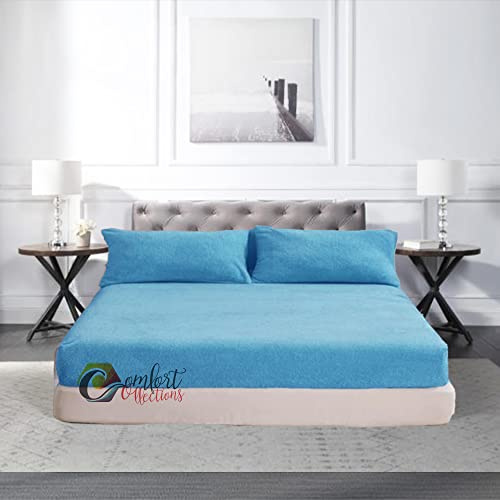 Sábana bajera ajustable extra profunda de forro polar de 30 cm, térmica, cálida y acogedora, suave, de lujo, color azul medio, sábana bajera ajustable para cama individual de 90 cm x 190 cm + 30 cm