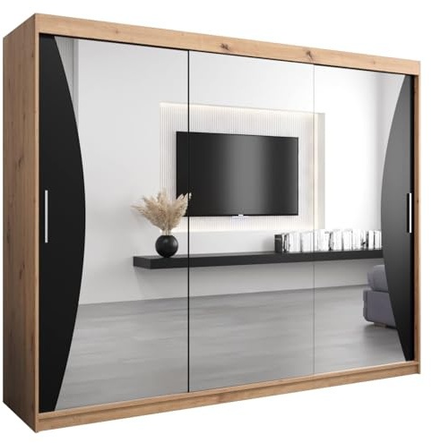 MEBLE KRYSPOL Kleiderschrank mit Spiegel Monaco - Garderobenschrank - Schrank Schlafzimmer - Mehrzweckschrank DREI Schiebetüren - Regalen - Flur Möbel - Kleiderstange Schrank - Allzweckschrank