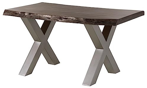 MASSIVMOEBEL24.DE | Baumtisch Akazie Freeform 5 - Verschiedene Größen, Gestelle und Farben, Farbe:grau lackiert, Größe:160x90 cm, Gestell:X-Beine Silber matt