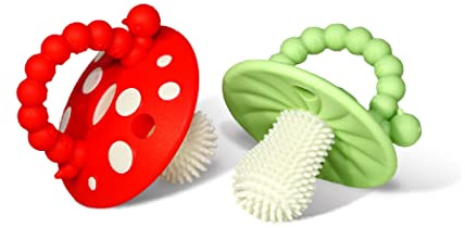RaZbaby Soft Silicone Infant & Baby 3M+ Teether Toy Massaging Bristles Teething Relief Pacifier - Soothes Sore Gums - Hands-Free & Easy-to-Hold Chompy Teether, BPA Free (RED/Green)