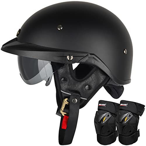 Casco Moto Mezzo Viso, Metà Aperto Faccia Casco Motociclo Con Occhialoni e Ginocchiere, Casco Jet Vintage Demi Caschi Cromwell Omologato DOT/ECE Casco Scodella Uomini Donne, Nero Opaco-3XL(65~66cm)