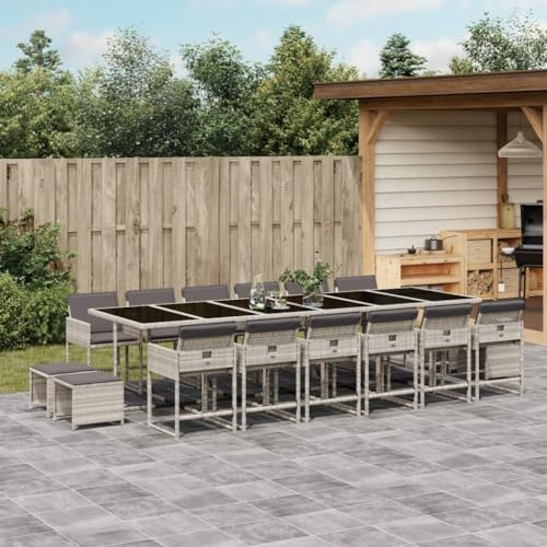 Faroom Polyrattan Sitzgruppe for 6 Personen - Gartenmöbel Set 6 Stühle mit Tisch mit Glasplatte & Kissen - Garten Sitzgruppe - Polyrattan Gartenmöbel Set für Garten & Terrasse Hellgrau AS 16