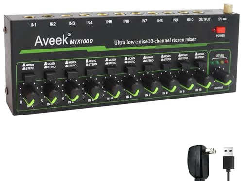 Aveek Mini Line Audio Mixer - Mezclador de sonido de 10 canales con conmutación estéreo/mono y funcionamiento con poco ruido para submezclas de precisión, entrada/salida TRS de 1/4 ideal para micrófo