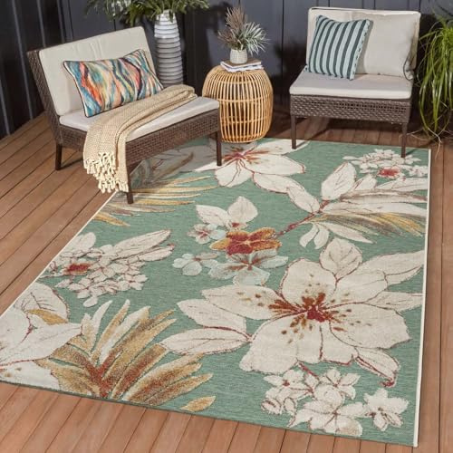 Taracarpet In & Outdoor Teppich Wetterfest Wohnzimmer Balkon Küchenteppich Terrassenteppich Flachgewebe mit Muster Lilien floral grün 240x340 cm