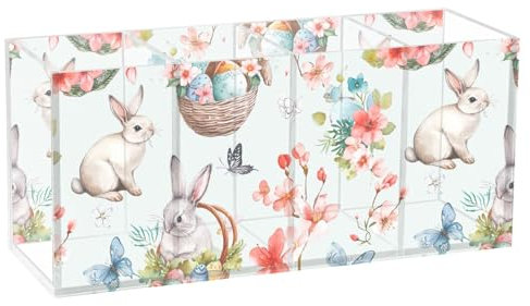 CHIFIGNO Osterkörbe mit Blumen und Kaninchen, Stifthalter, dekorativer Make-up-Pinselhalter, Acryl-Bleistiftbecher für Schreibtisch, 4 Fächer, Bleistiftbehälter für Büro, Wohnheim, Badezimmer, Küche