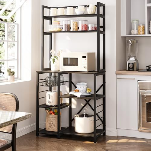 Bealife Küchenregal für Bäckerei, Regal mit 5 Etagen mit seitlichen Haken und Drahtkorb, Holz- und Metallregale, 80 x 38 x 169cm (Schwarz)