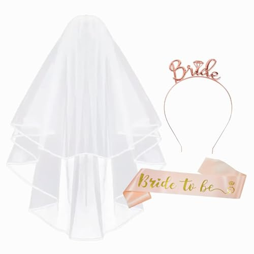 XiuGlimpse Gadget Addio Al Nubilato Sposa 3 Pezzi: Velo Sposa, Bride To Be Satin Sash, Sposa Cerchietto