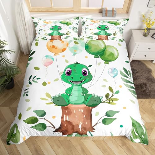 Homewish Jungen Cartoon Dinosaurier Tröster Abdeckung Kinder Bettwäsche 135x200,Nette Tier Wildlife Bettwäsche Set Dschungel Palme Blätter Bettbezug,Tropische Botanische Bett Set Kinderzimmer Dekor
